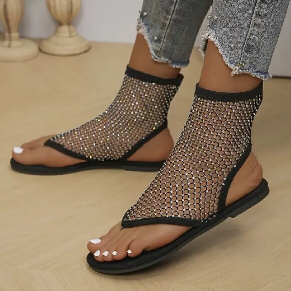 Mesh Rhinestone Details Flat Sandals - Black US/10 - Picture 2 of 7